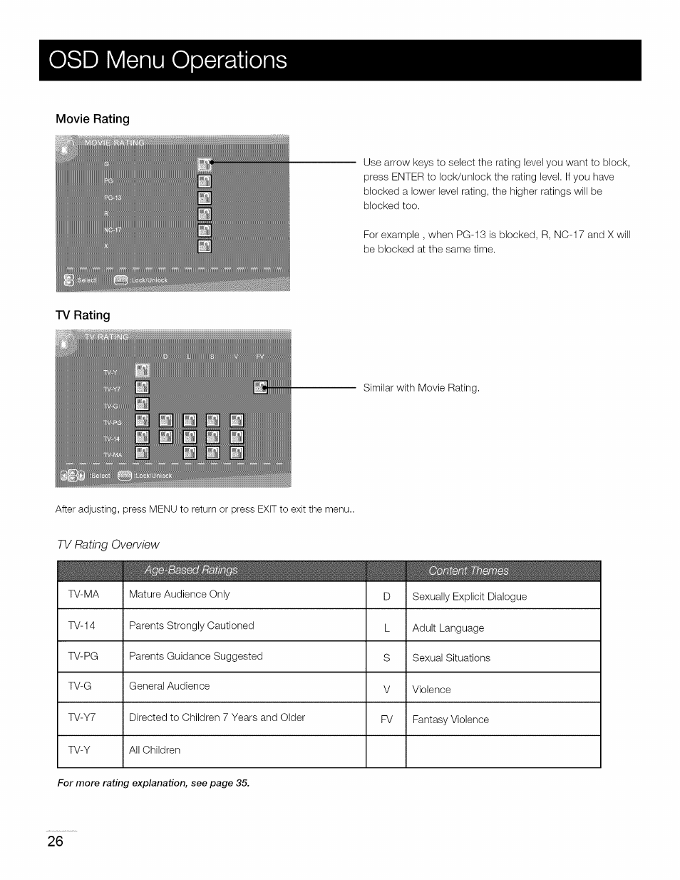 Movie rating, Tv rating, Osd menu operations | RCA 40LA45RQ User Manual | Page 27 / 40