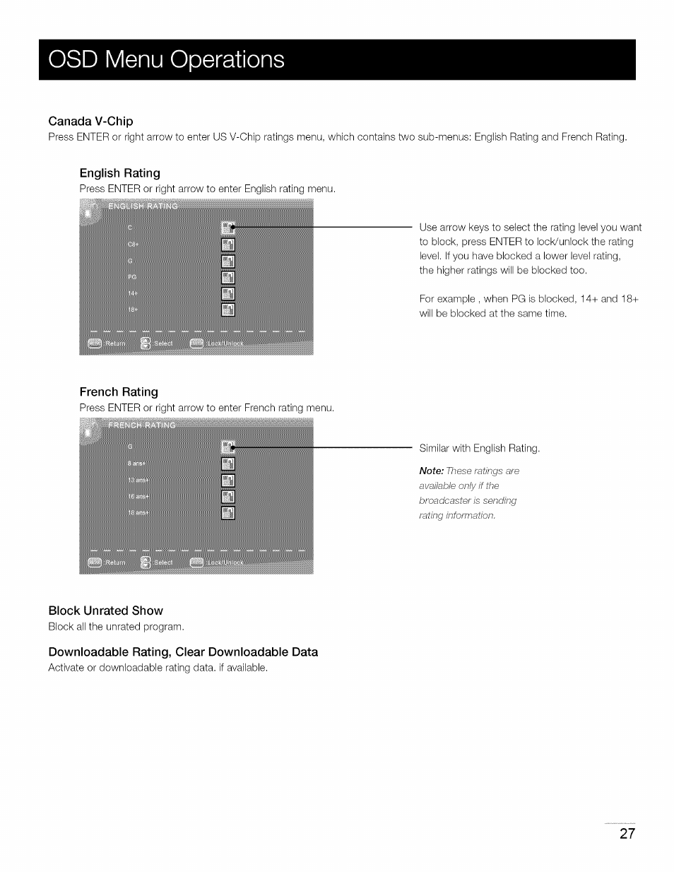 Canada v-chip, English rating, French rating | Block unrated show, Downloadable rating, clear downloadable data, Osd menu operations | RCA 40LA45RQ User Manual | Page 28 / 40