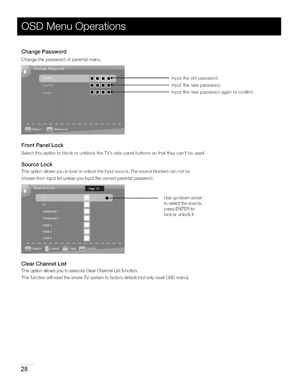 Change password, Front panel lock, Source lock | Clear channel list, Osd menu operations | RCA 40LA45RQ User Manual | Page 29 / 40