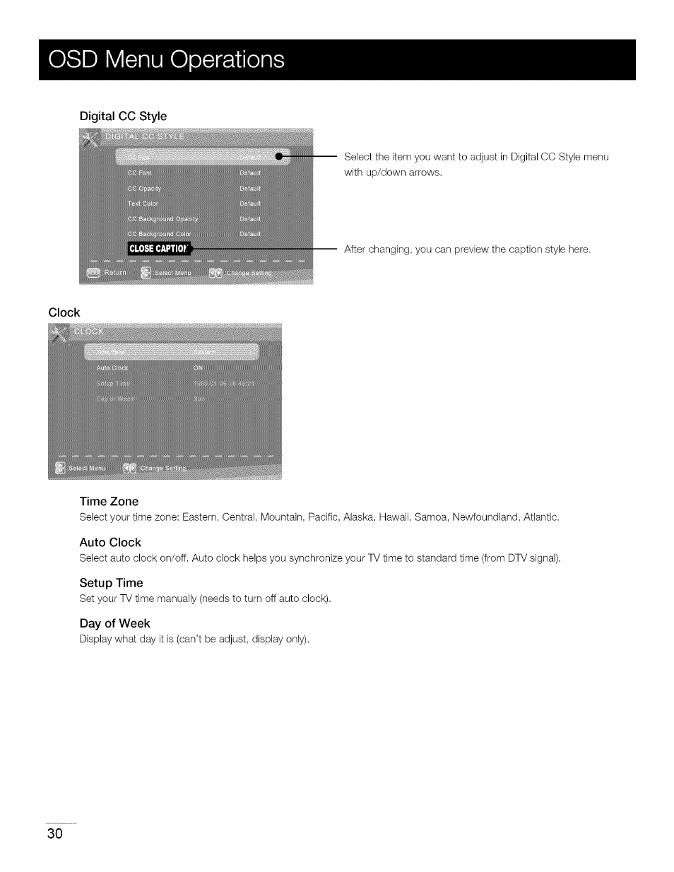 Digital cc style, Clock, Time zone | Auto clock, Setup time, Day of week, Osd menu operations, Ee322z | RCA 40LA45RQ User Manual | Page 31 / 40