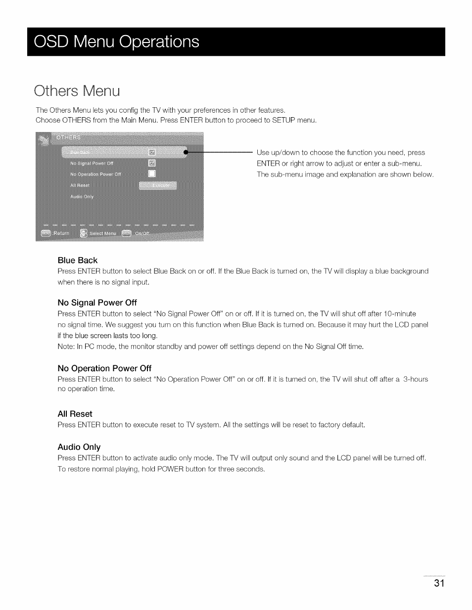 Blue back, No signal power off, No operation power off | All reset, Audio only, Osd menu operations, Others menu | RCA 40LA45RQ User Manual | Page 32 / 40