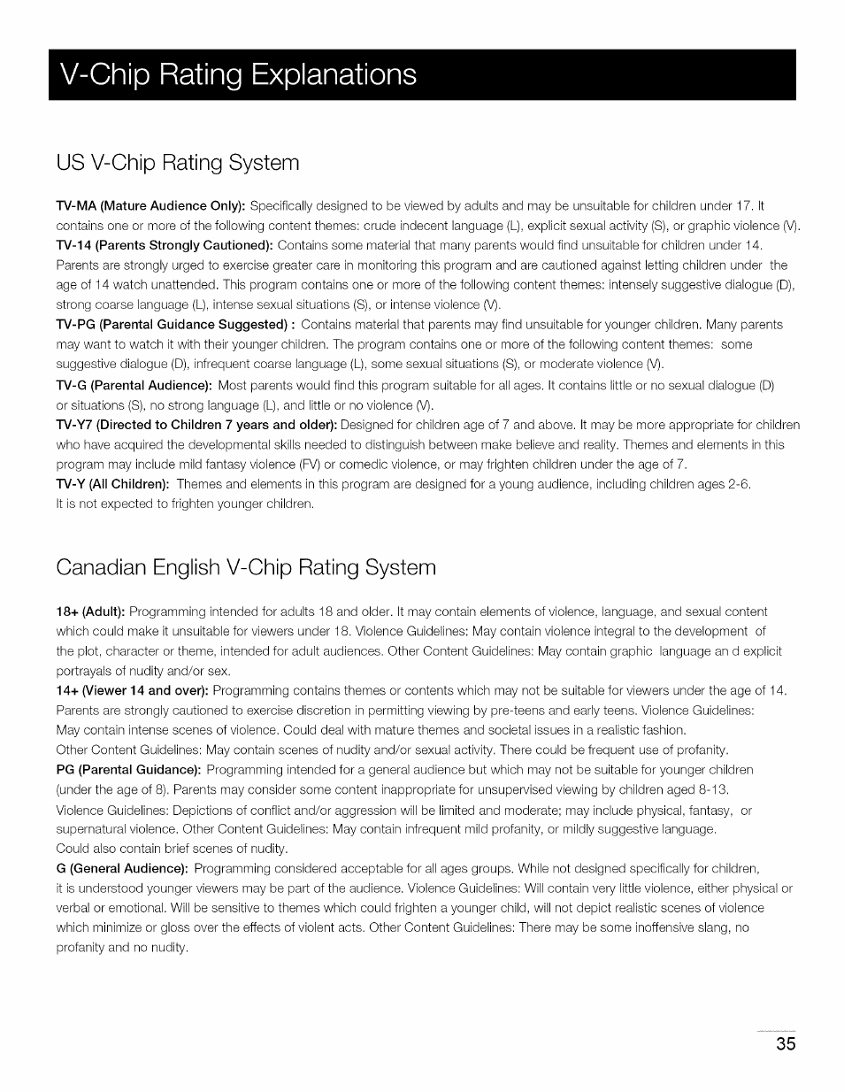 V-chip rating explanations, Us v-chip rating system, Canadian english v-chip rating system | RCA 40LA45RQ User Manual | Page 36 / 40