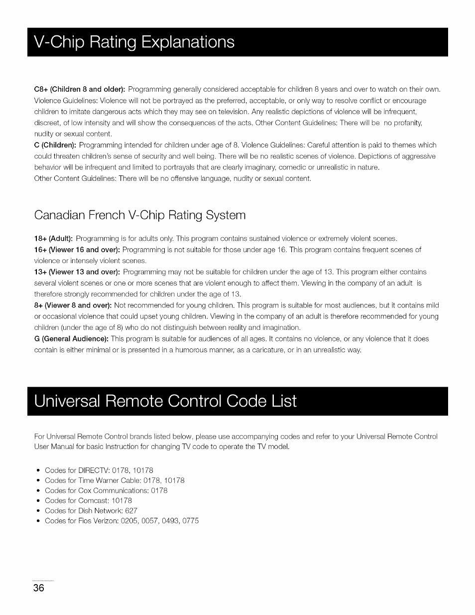 V-chip rating explanations, Universal remote control code list, Canadian french v-chip rating system | RCA 40LA45RQ User Manual | Page 37 / 40