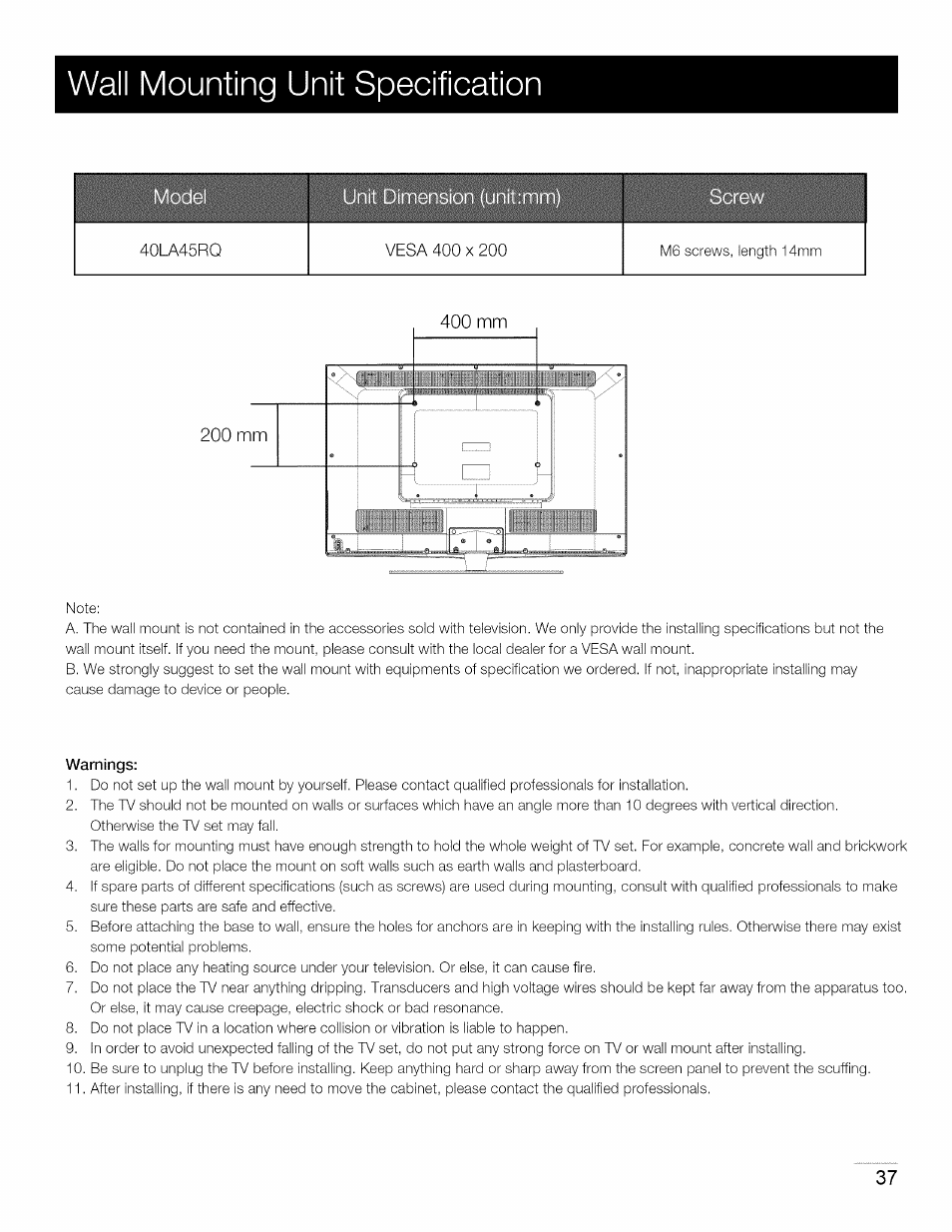 Wall mounting unit specification | RCA 40LA45RQ User Manual | Page 38 / 40