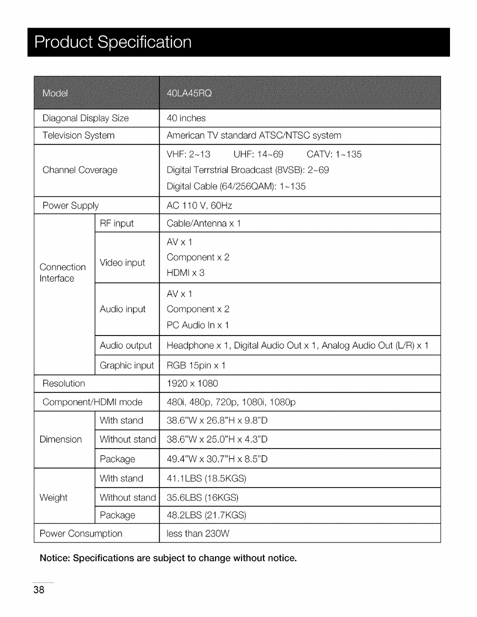 Product specification | RCA 40LA45RQ User Manual | Page 39 / 40