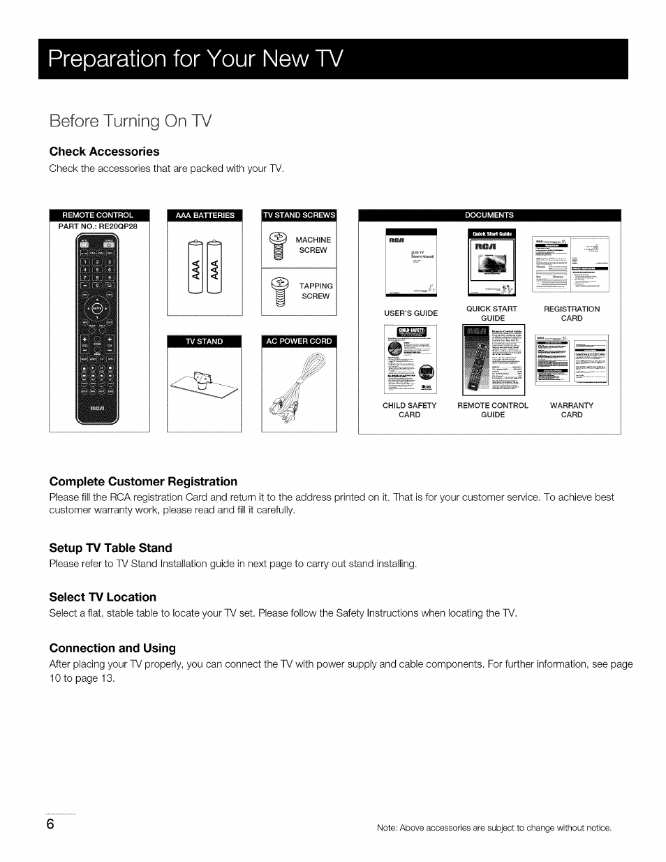 Check accessories, Complete customer registration, Setup tv table stand | Select tv location, Connection and using, Preparation for your new tv, Before turning on tv | RCA 40LA45RQ User Manual | Page 7 / 40