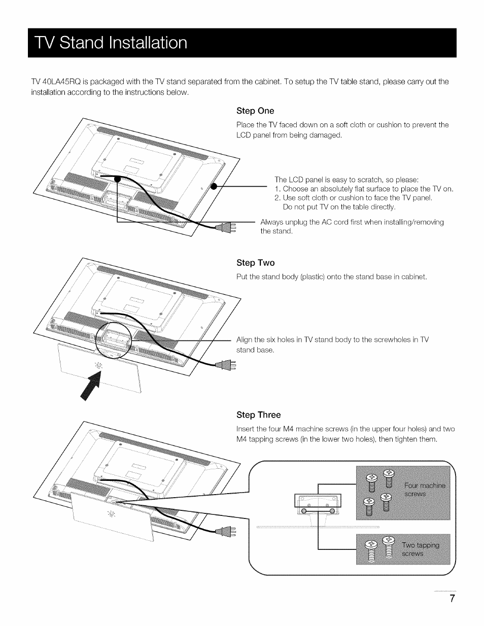 Tv stand installation | RCA 40LA45RQ User Manual | Page 8 / 40