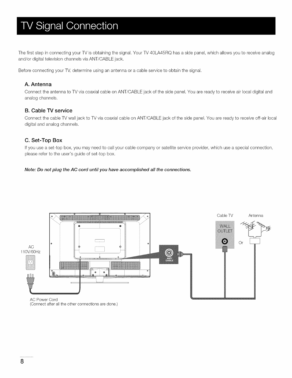 A. antenna, B. cable tv service, C. set-top box | Tv signal connection | RCA 40LA45RQ User Manual | Page 9 / 40