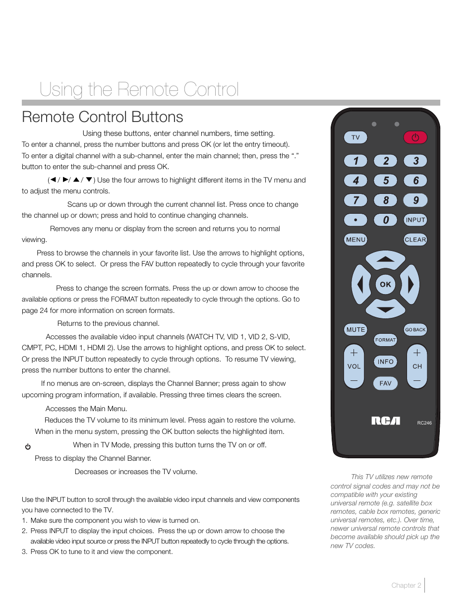 2 using the remote control, Remote control buttons | RCA L26HD41 User Manual | Page 19 / 40