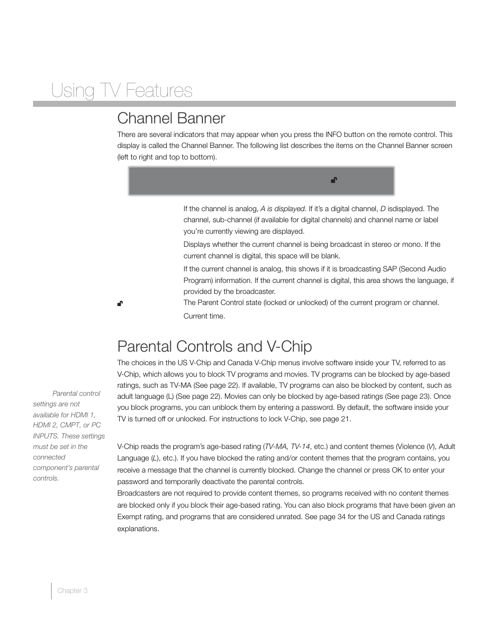3 using tv features, Channel banner, Parental controls and v-chip | RCA L26HD41 User Manual | Page 20 / 40