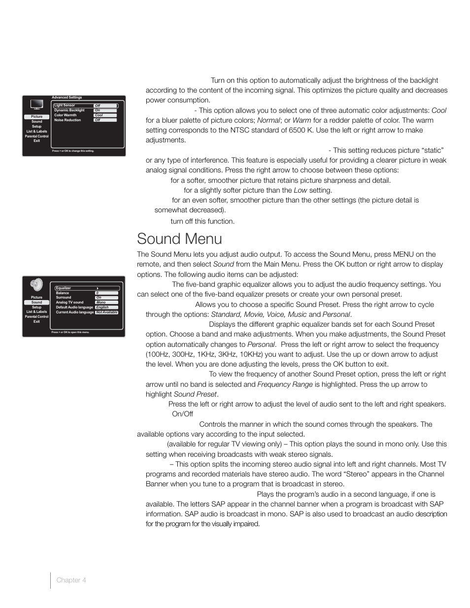 Sound menu | RCA L26HD41 User Manual | Page 26 / 40