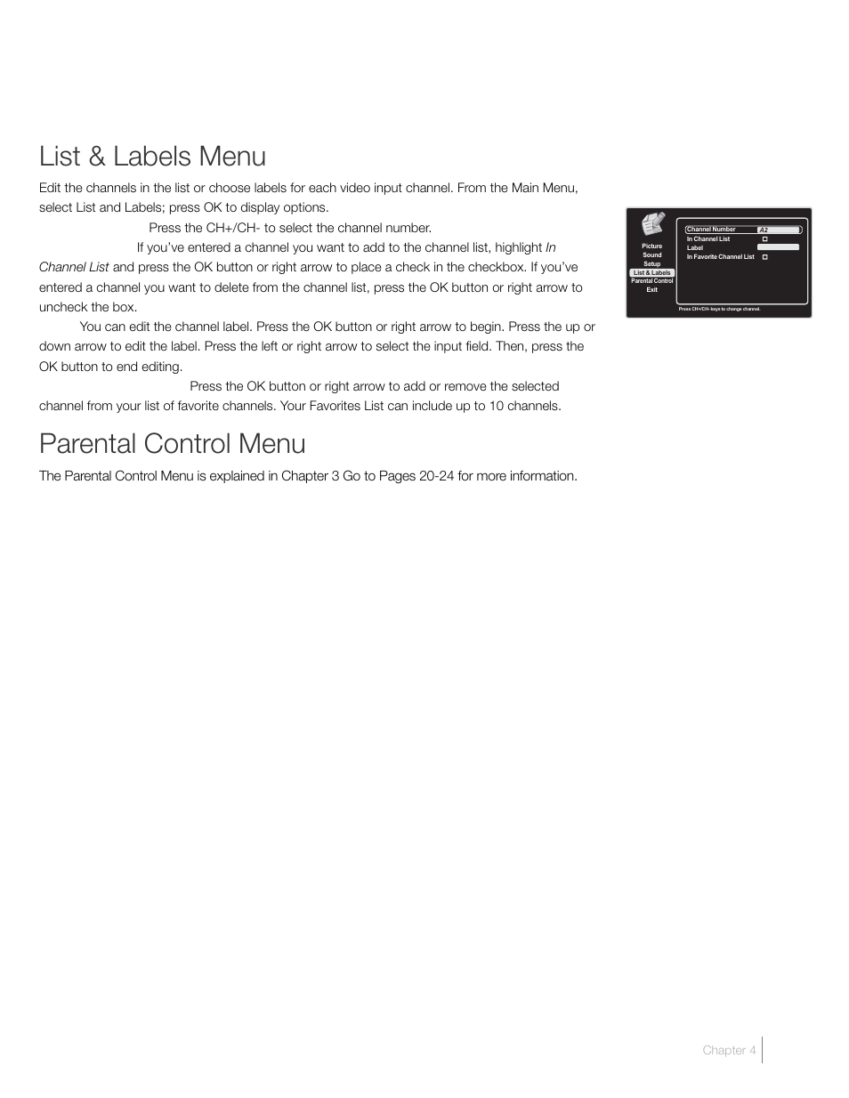 List & labels menu, Parental control menu | RCA L26HD41 User Manual | Page 29 / 40