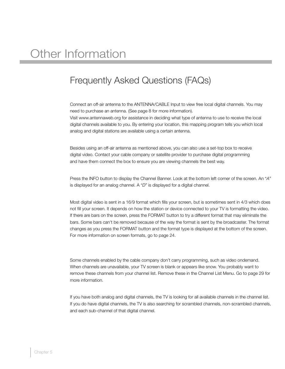 5 other information, Frequently asked questions (faqs) | RCA L26HD41 User Manual | Page 30 / 40