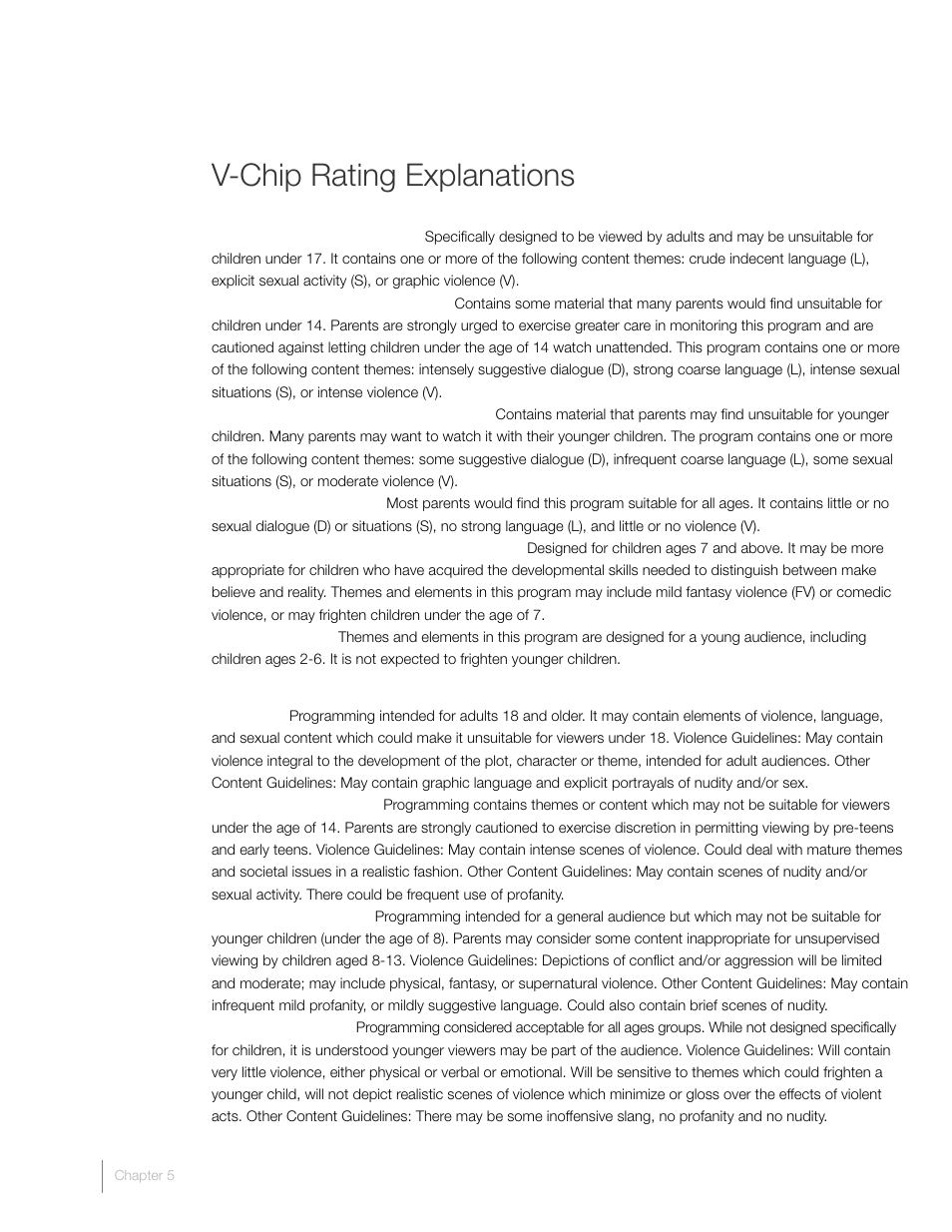 V-chip rating explanations | RCA L26HD41 User Manual | Page 34 / 40
