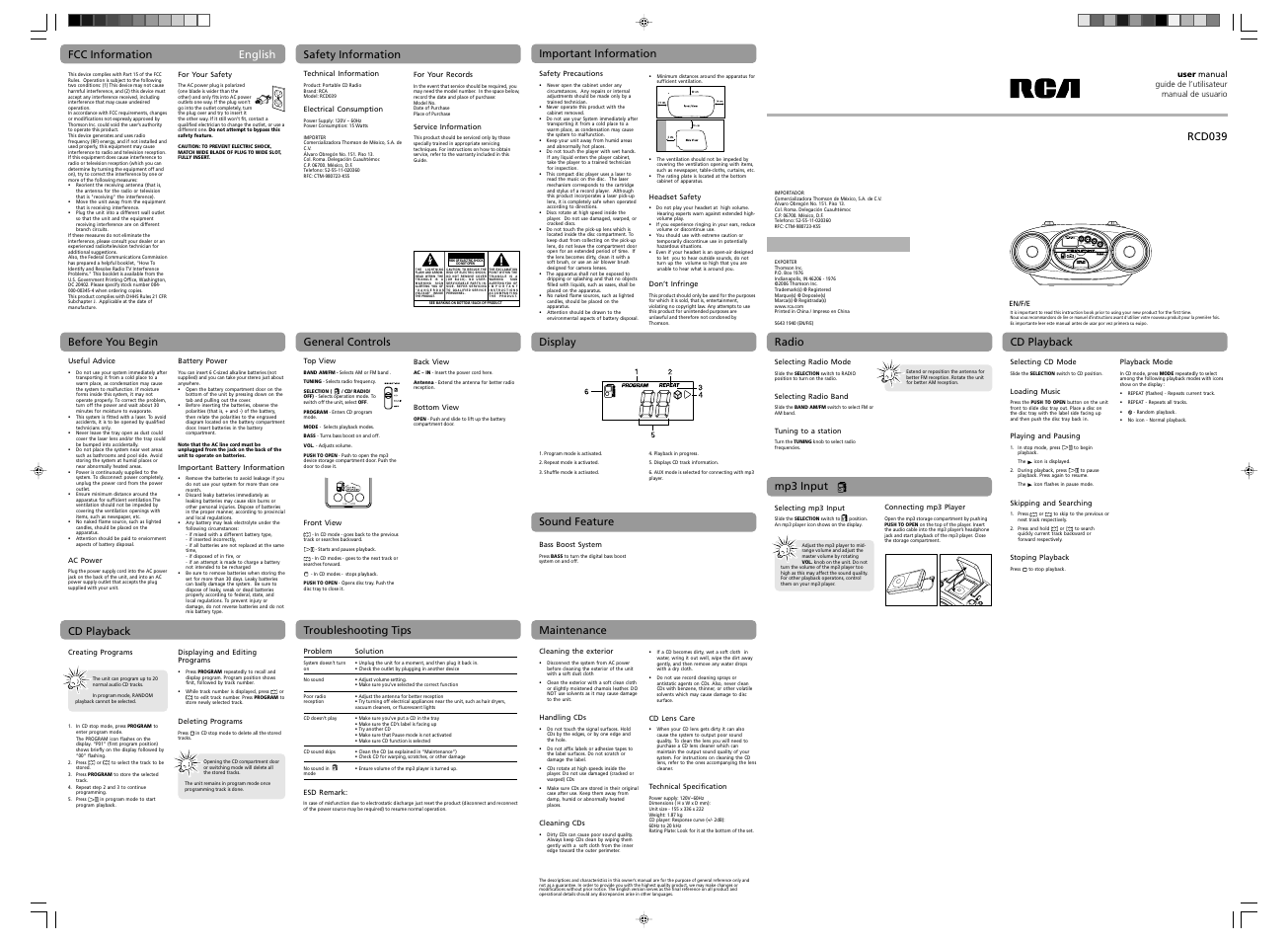 RCA RCD039 User Manual | 1 page