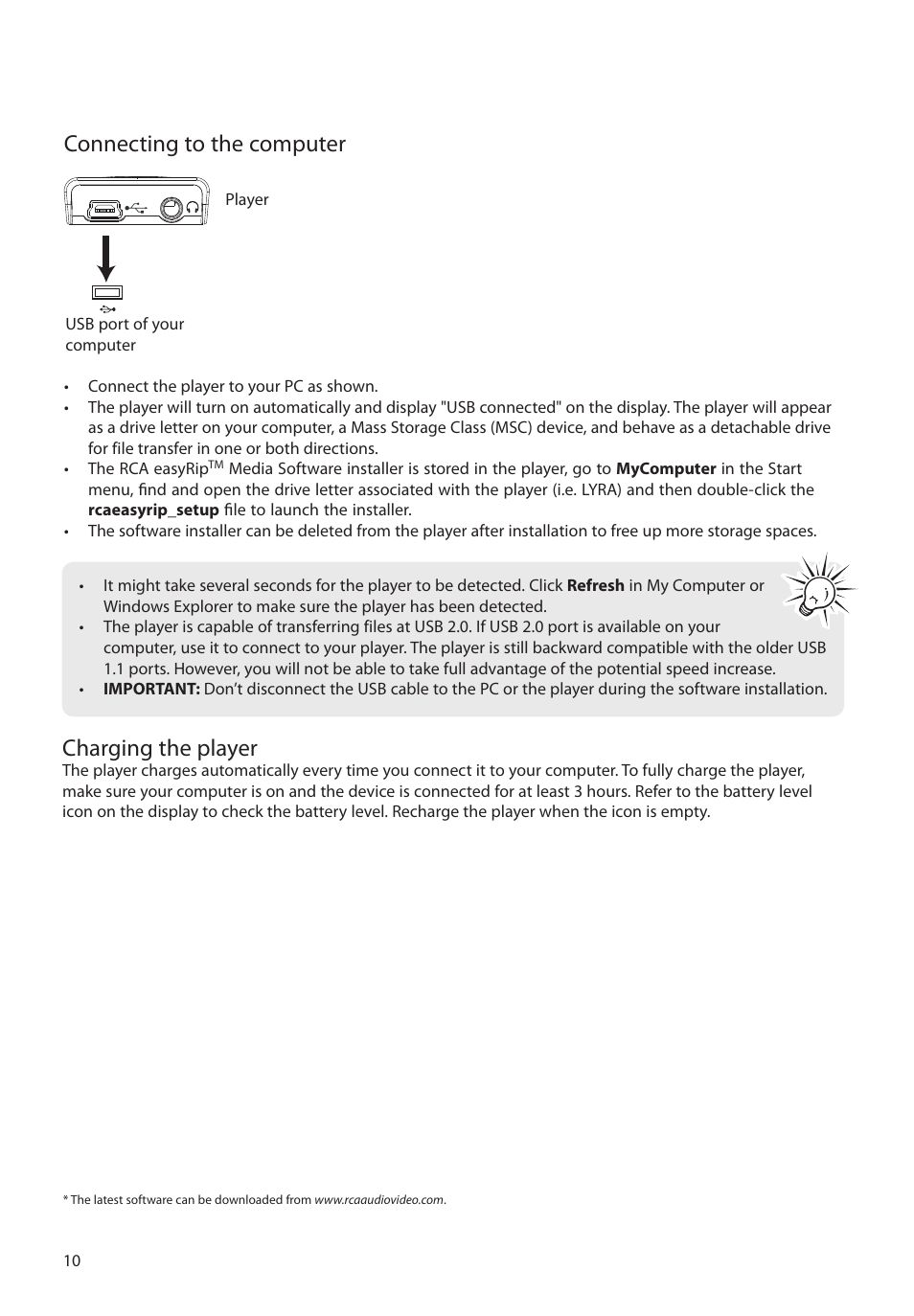 Connecting to the computer, Charging the player | RCA M2204BL User Manual | Page 10 / 87