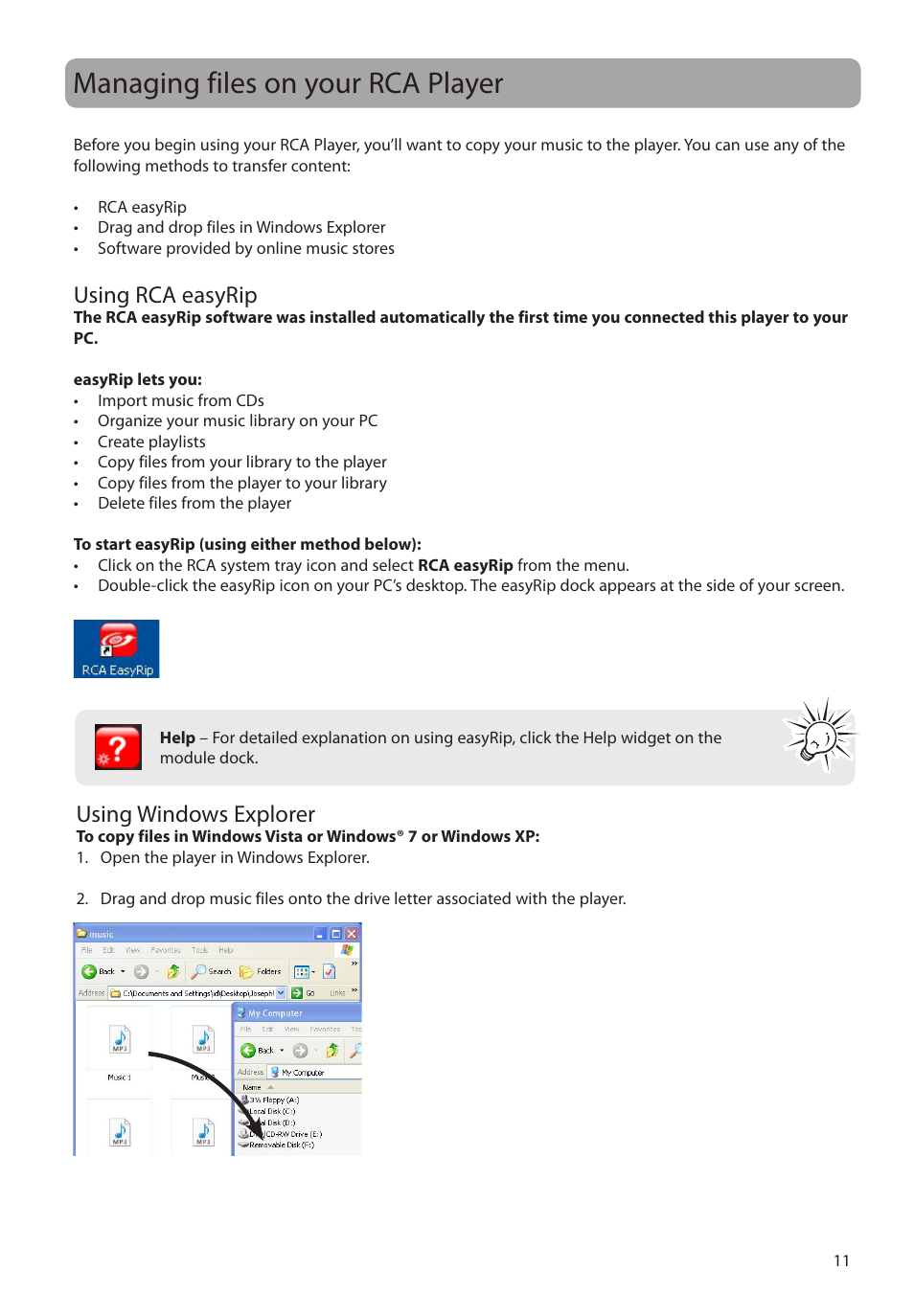 Managing files on your rca player, Using rca easyrip, Using windows explorer | RCA M2204BL User Manual | Page 11 / 87