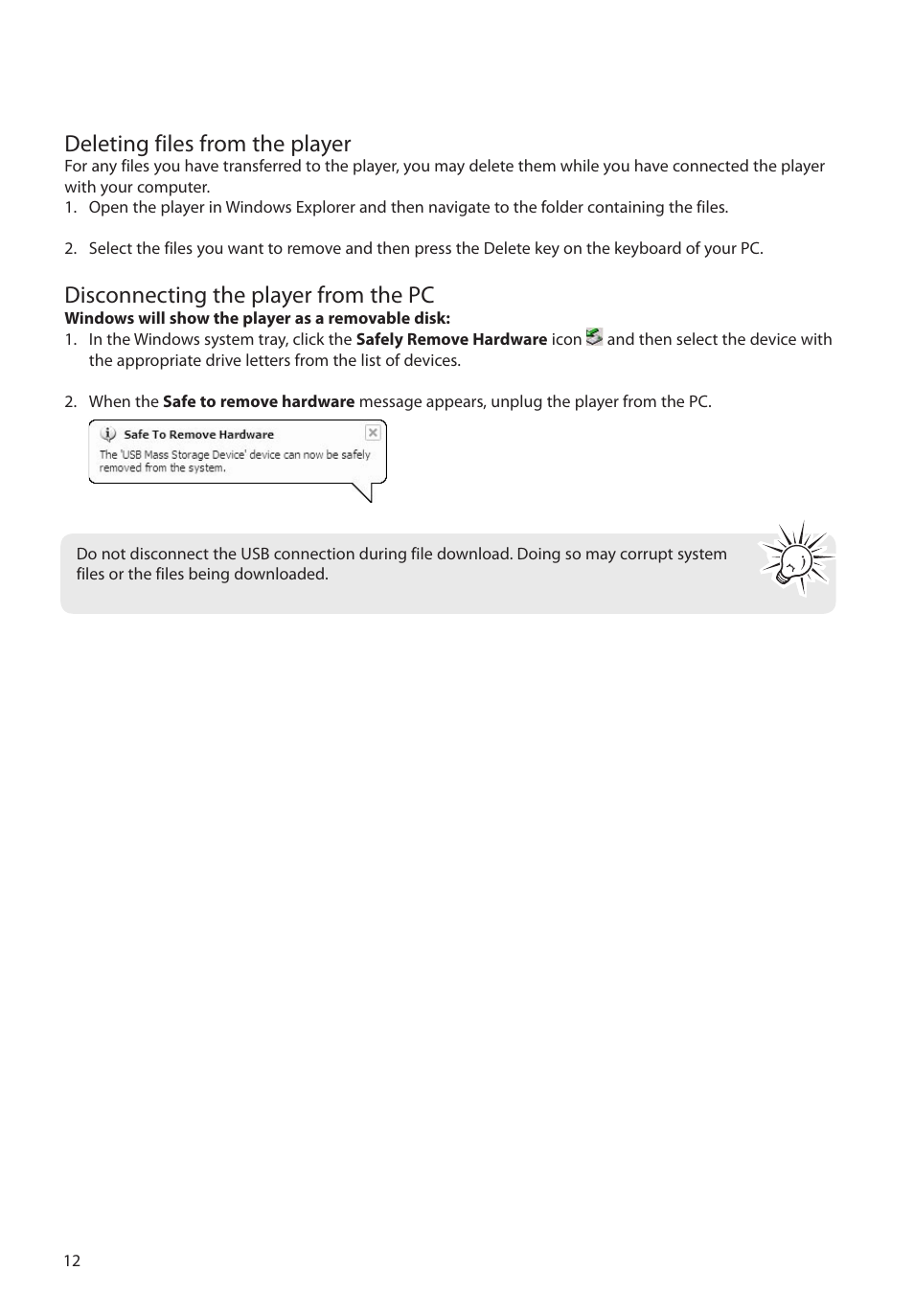 Deleting files from the player, Disconnecting the player from the pc | RCA M2204BL User Manual | Page 12 / 87