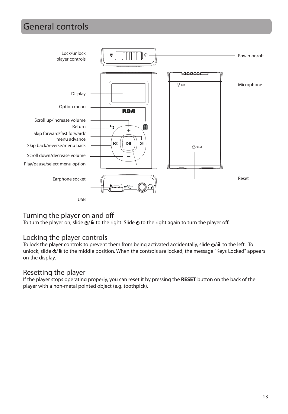 General controls, Turning the player on and off, Locking the player controls | Resetting the player | RCA M2204BL User Manual | Page 13 / 87