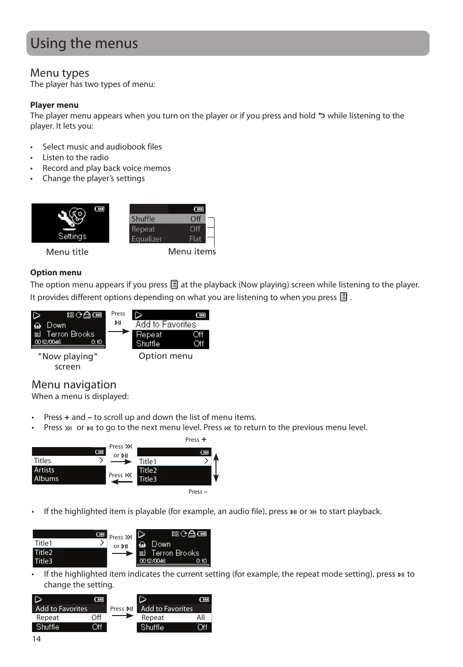 Using the menus, Menu types, Menu navigation | RCA M2204BL User Manual | Page 14 / 87