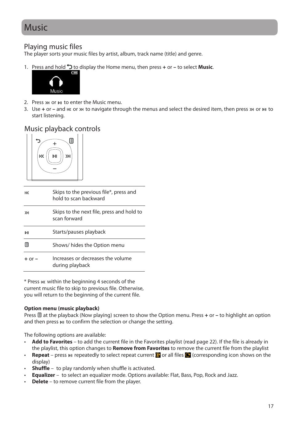 Music, Playing music files, Music playback controls | RCA M2204BL User Manual | Page 17 / 87