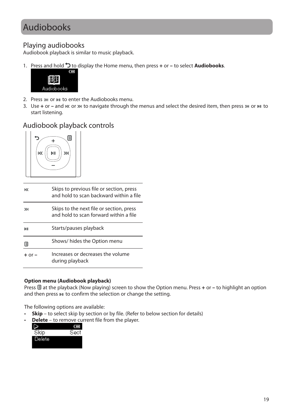 Audiobooks, Playing audiobooks, Audiobook playback controls | RCA M2204BL User Manual | Page 19 / 87