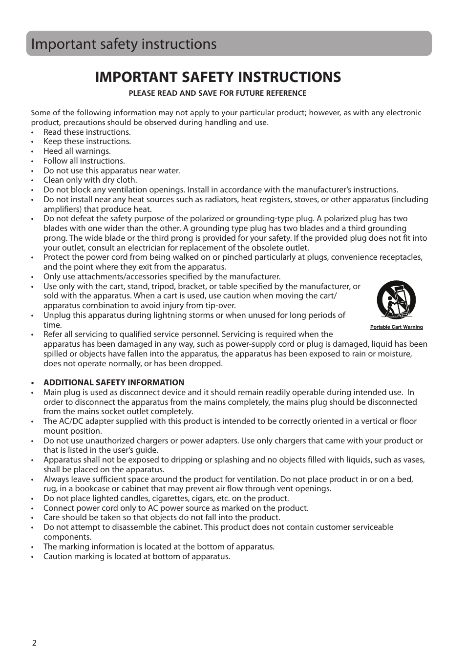 Important safety instructions | RCA M2204BL User Manual | Page 2 / 87