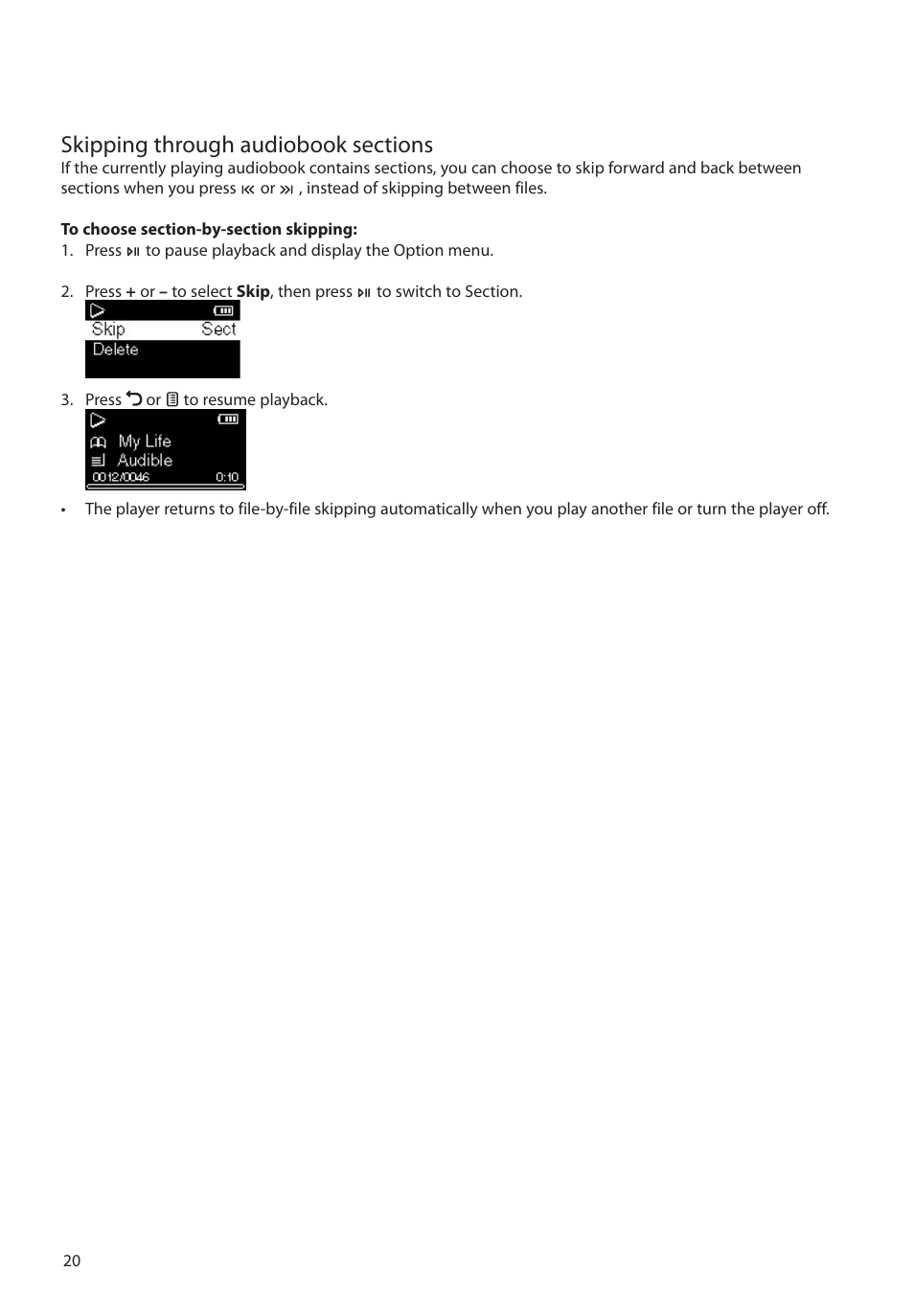 Skipping through audiobook sections | RCA M2204BL User Manual | Page 20 / 87