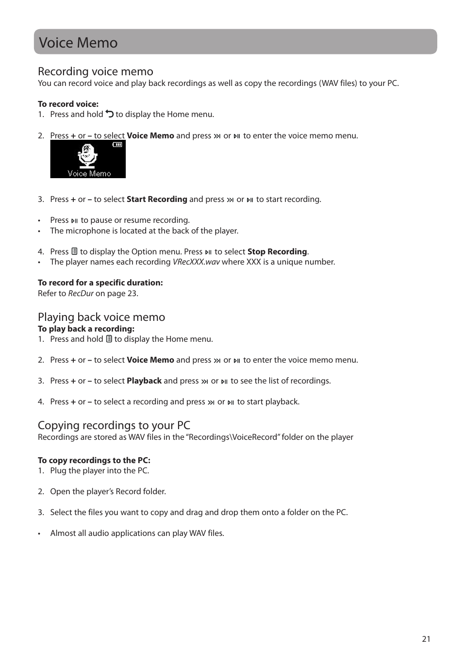 Voice memo, Recording voice memo, Playing back voice memo | Copying recordings to your pc | RCA M2204BL User Manual | Page 21 / 87