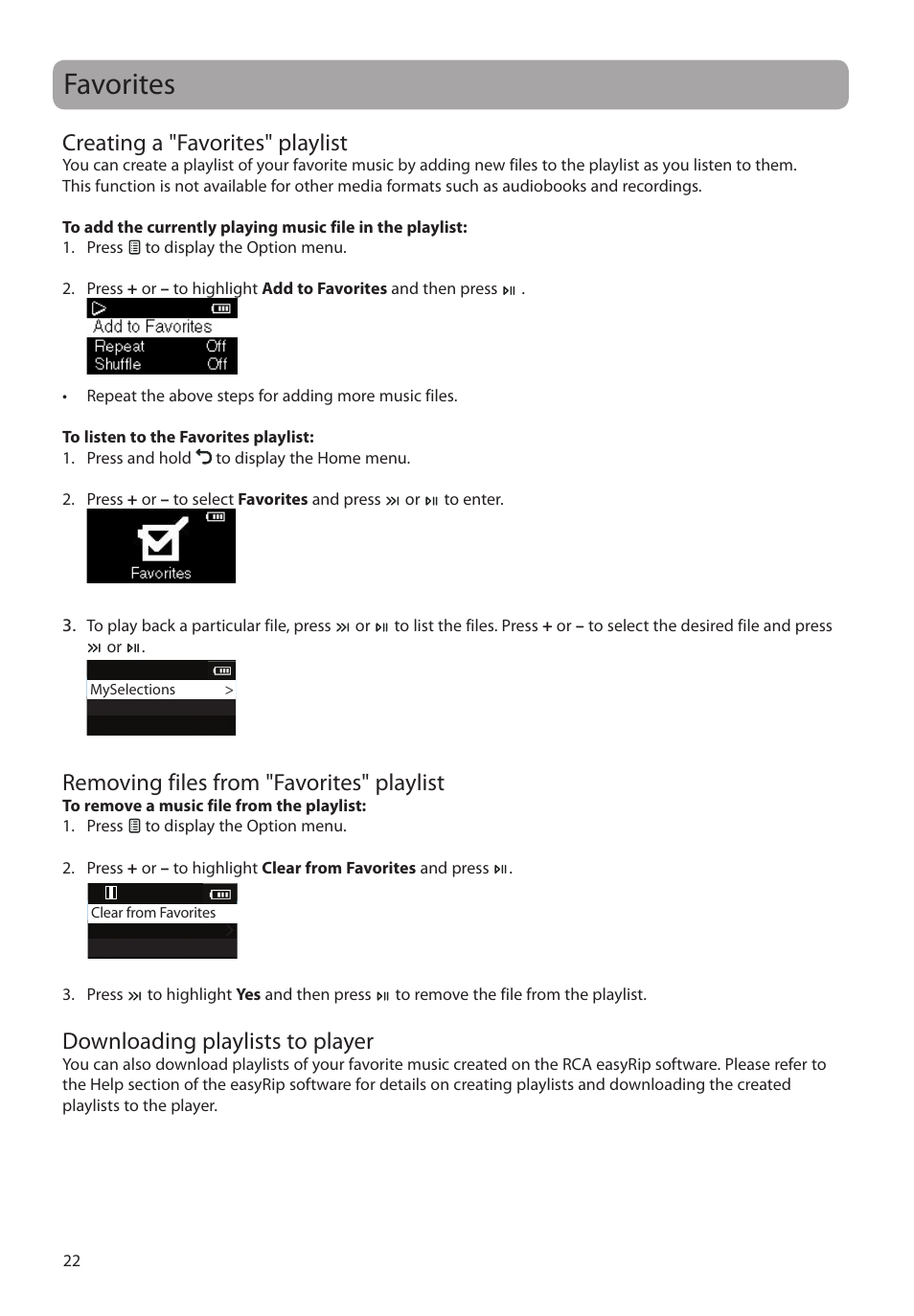 Favorites, Creating a "favorites" playlist, Removing files from "favorites" playlist | Downloading playlists to player | RCA M2204BL User Manual | Page 22 / 87