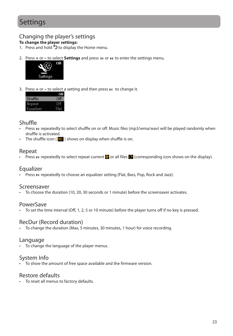 Settings, Changing the player’s settings, Shuffle | Repeat, Equalizer, Screensaver, Powersave, Recdur (record duration), Language, System info | RCA M2204BL User Manual | Page 23 / 87