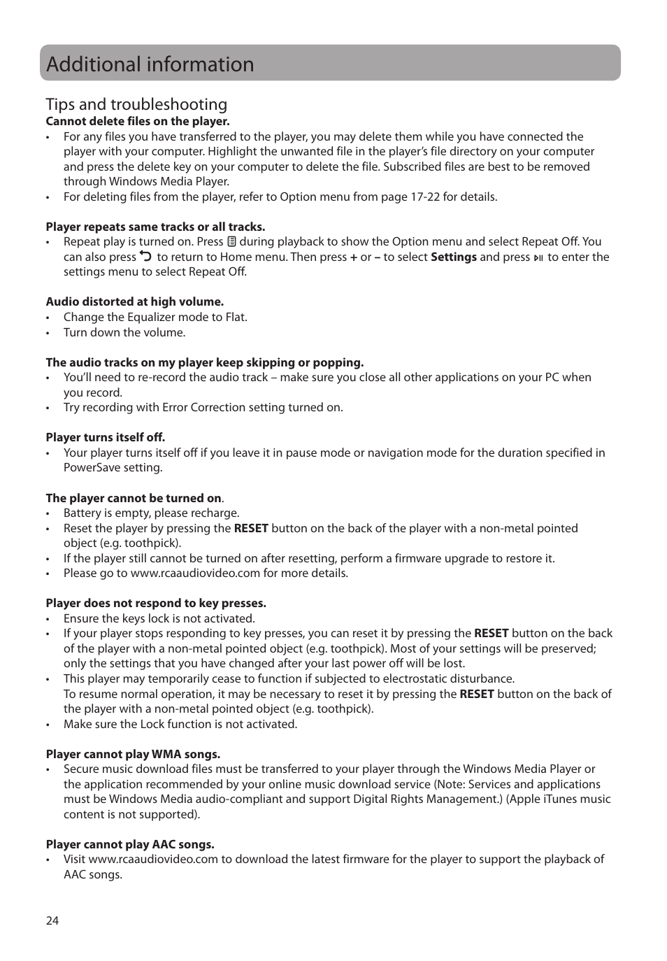 Additional information, Tips and troubleshooting | RCA M2204BL User Manual | Page 24 / 87