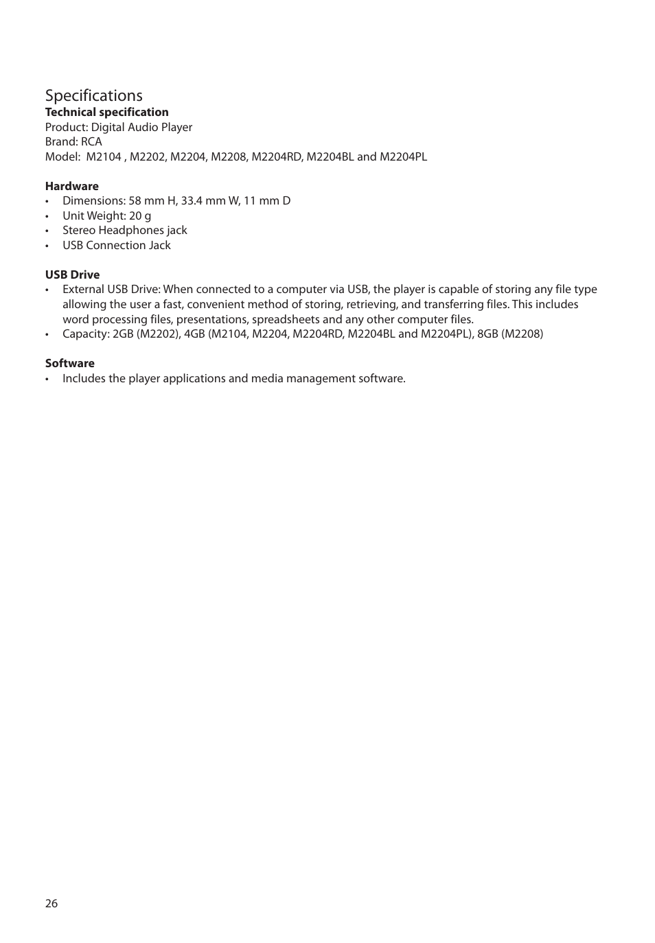 Specifications | RCA M2204BL User Manual | Page 26 / 87