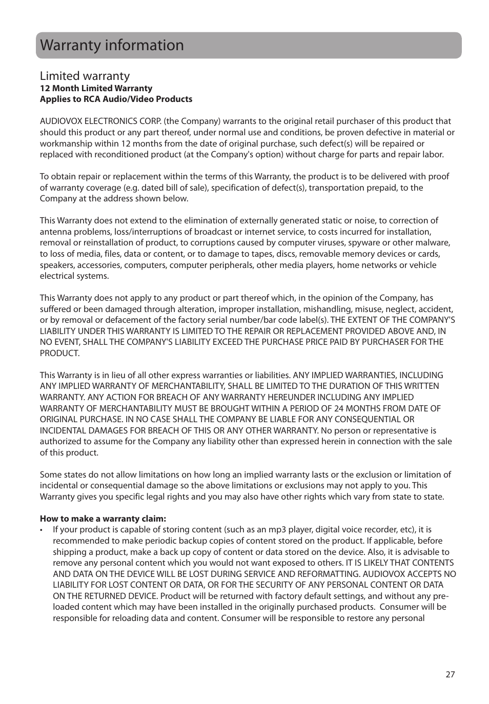 Warranty information, Limited warranty | RCA M2204BL User Manual | Page 27 / 87