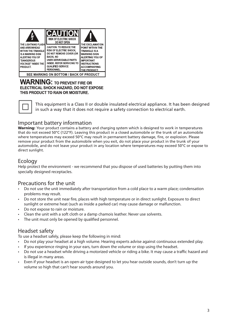 Important battery information, Ecology, Precautions for the unit | Headset safety | RCA M2204BL User Manual | Page 3 / 87