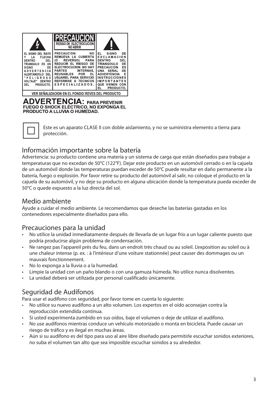 Información importante sobre la batería, Medio ambiente, Precauciones para la unidad | Seguridad de audífonos | RCA M2204BL User Manual | Page 32 / 87