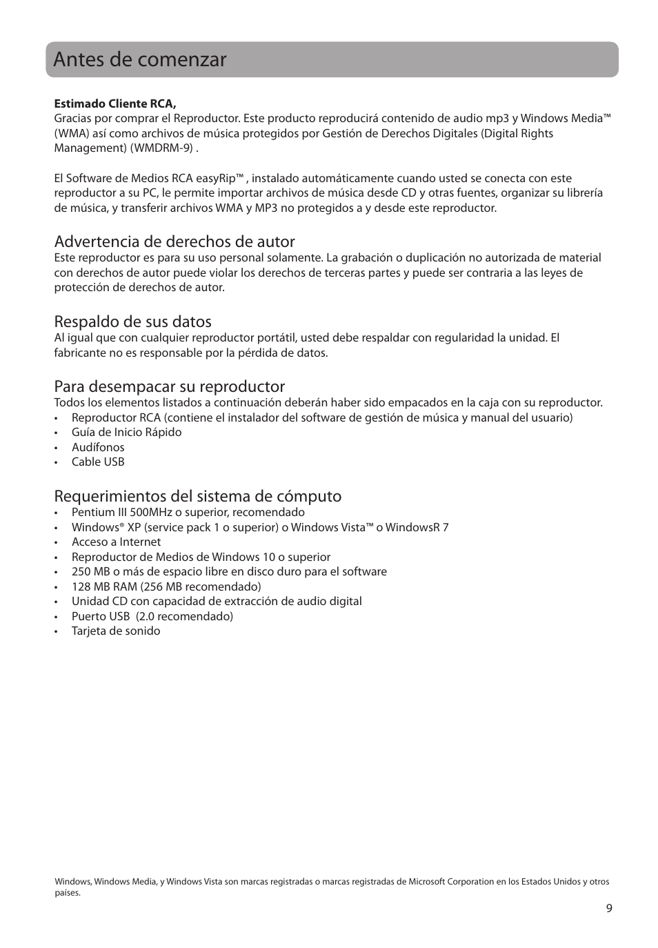 Antes de comenzar, Advertencia de derechos de autor, Respaldo de sus datos | Para desempacar su reproductor, Requerimientos del sistema de cómputo | RCA M2204BL User Manual | Page 38 / 87