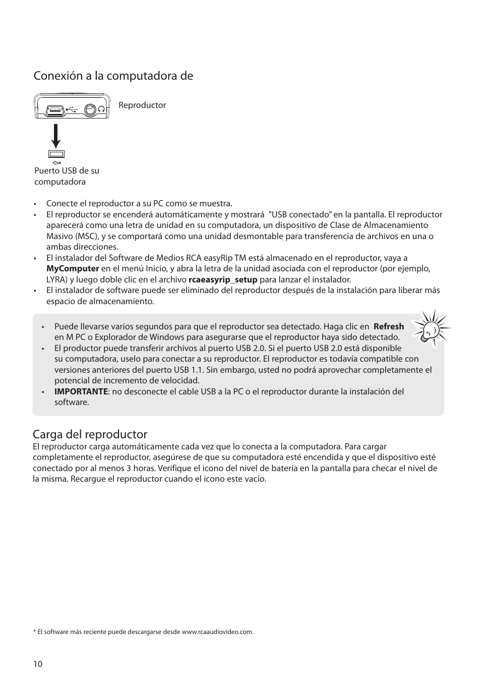 Conexión a la computadora de, Carga del reproductor | RCA M2204BL User Manual | Page 39 / 87