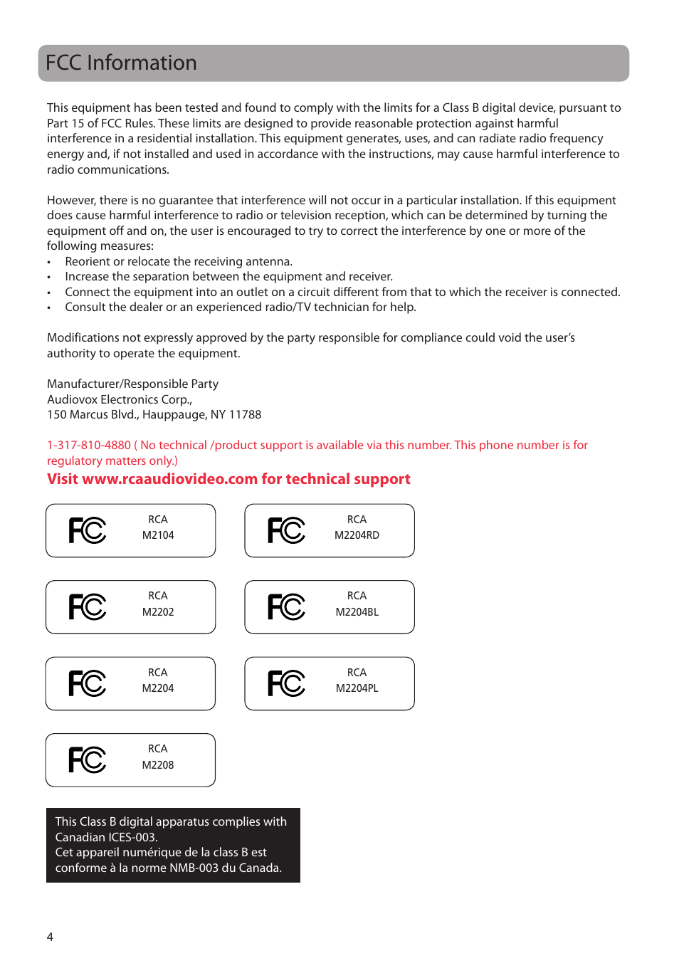 Fcc information | RCA M2204BL User Manual | Page 4 / 87