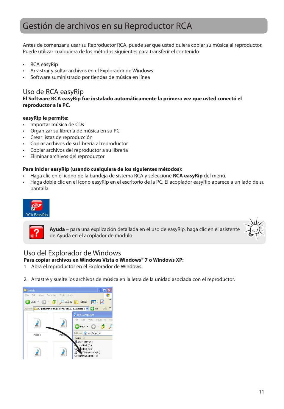 Gestión de archivos en su reproductor rca, Uso de rca easyrip, Uso del explorador de windows | RCA M2204BL User Manual | Page 40 / 87