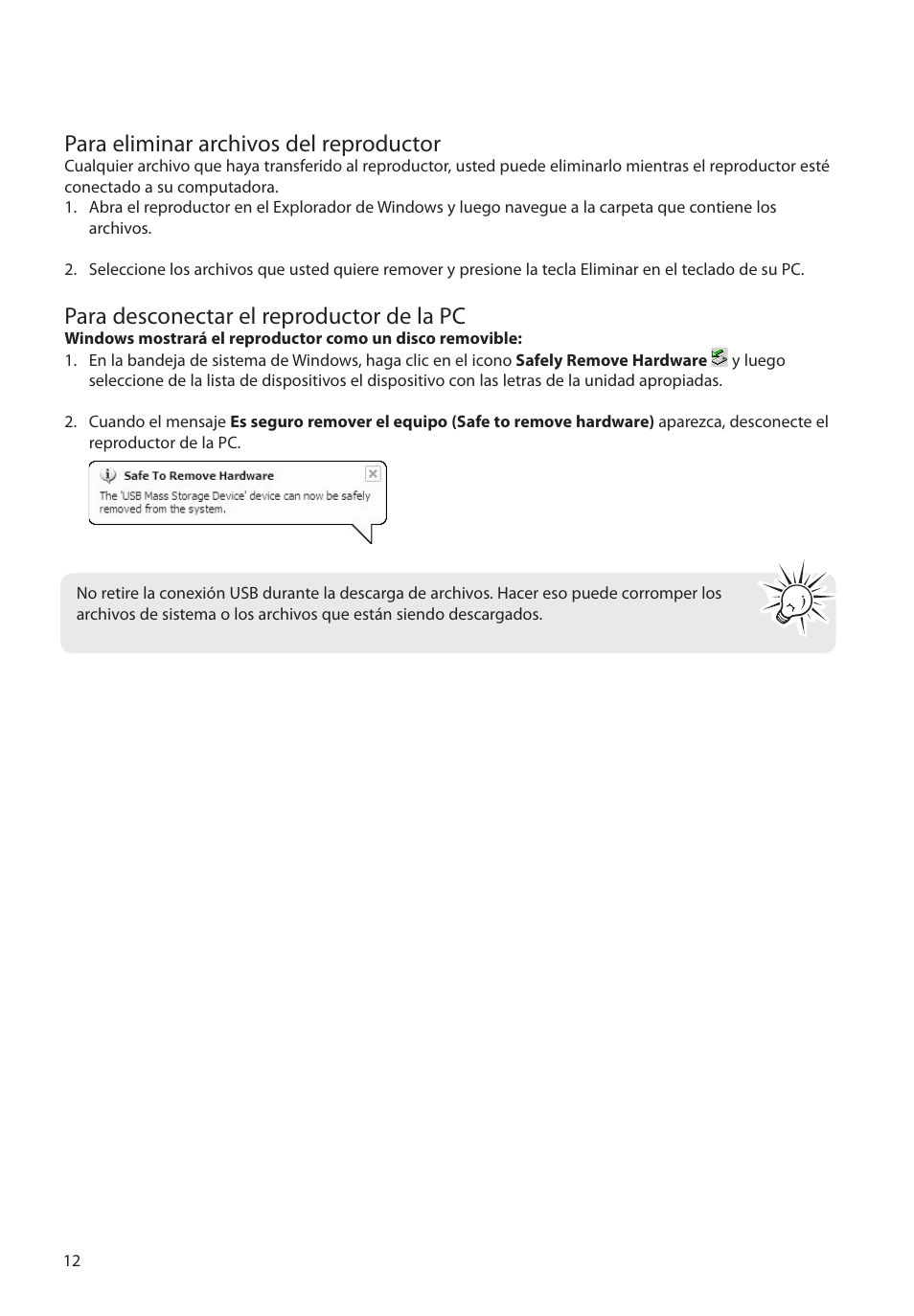 Para eliminar archivos del reproductor, Para desconectar el reproductor de la pc | RCA M2204BL User Manual | Page 41 / 87