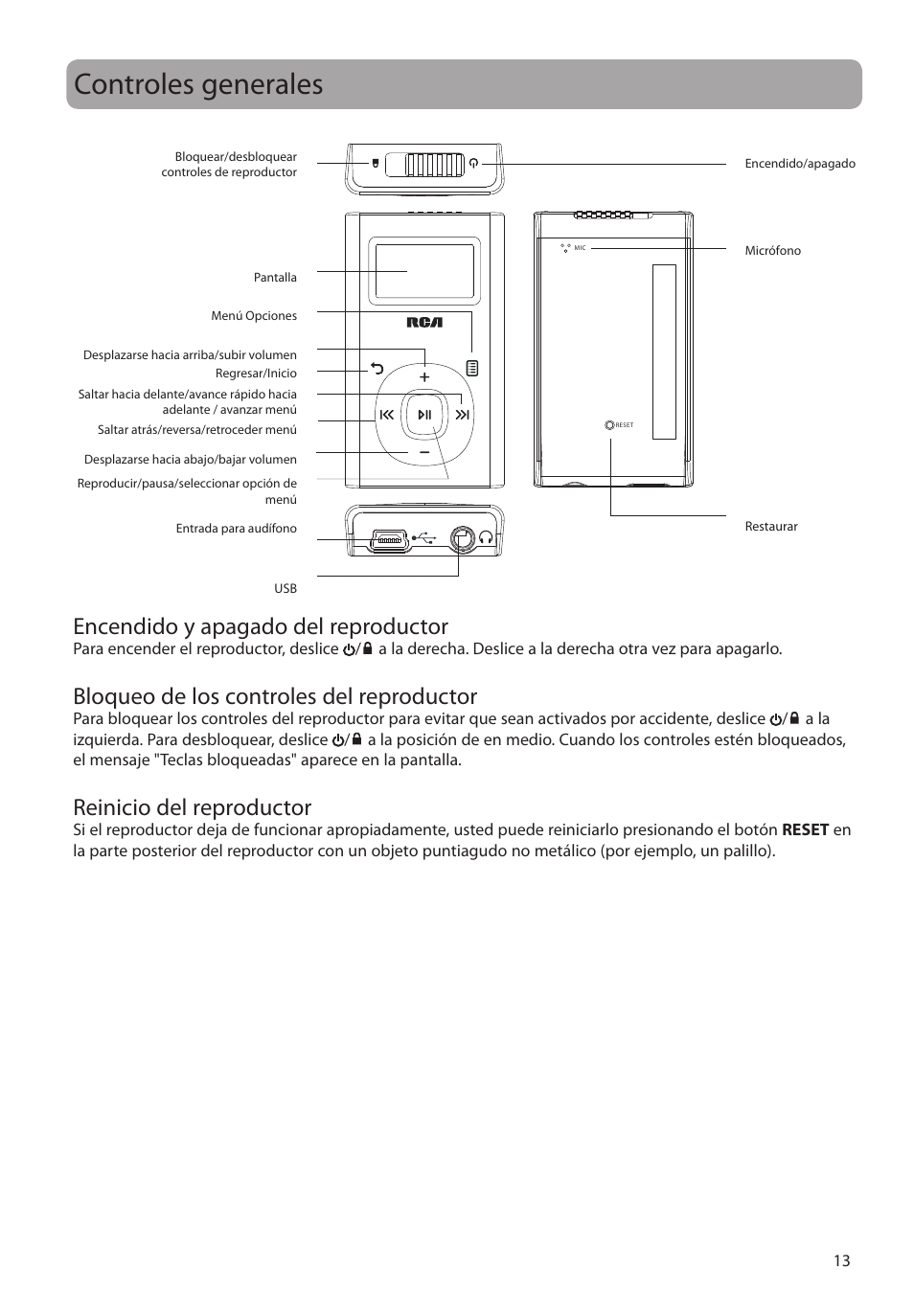 Controles generales, Encendido y apagado del reproductor, Bloqueo de los controles del reproductor | Reinicio del reproductor | RCA M2204BL User Manual | Page 42 / 87