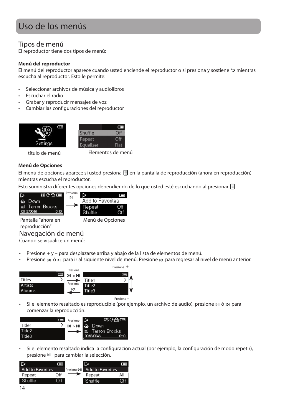 Uso de los menús, Tipos de menú, Navegación de menú | RCA M2204BL User Manual | Page 43 / 87