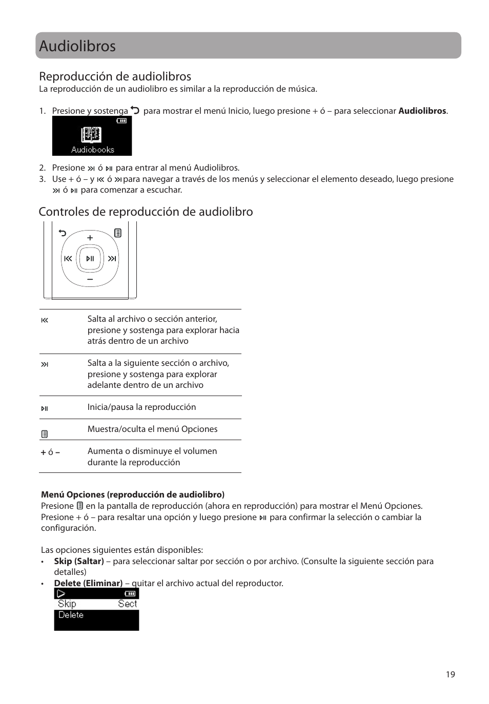 Audiolibros, Reproducción de audiolibros, Controles de reproducción de audiolibro | RCA M2204BL User Manual | Page 48 / 87