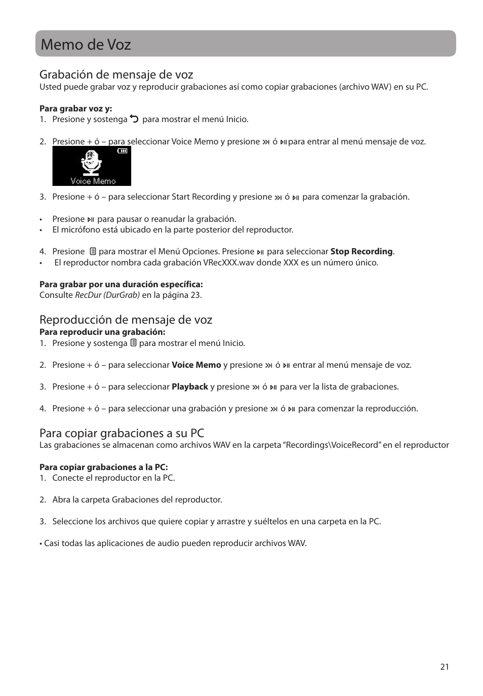 Memo de voz, Grabación de mensaje de voz, Reproducción de mensaje de voz | Para copiar grabaciones a su pc | RCA M2204BL User Manual | Page 50 / 87