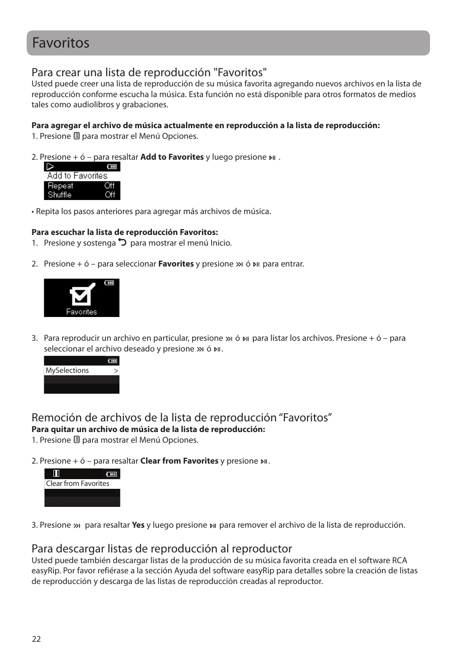 Favoritos, Para crear una lista de reproducción "favoritos | RCA M2204BL User Manual | Page 51 / 87