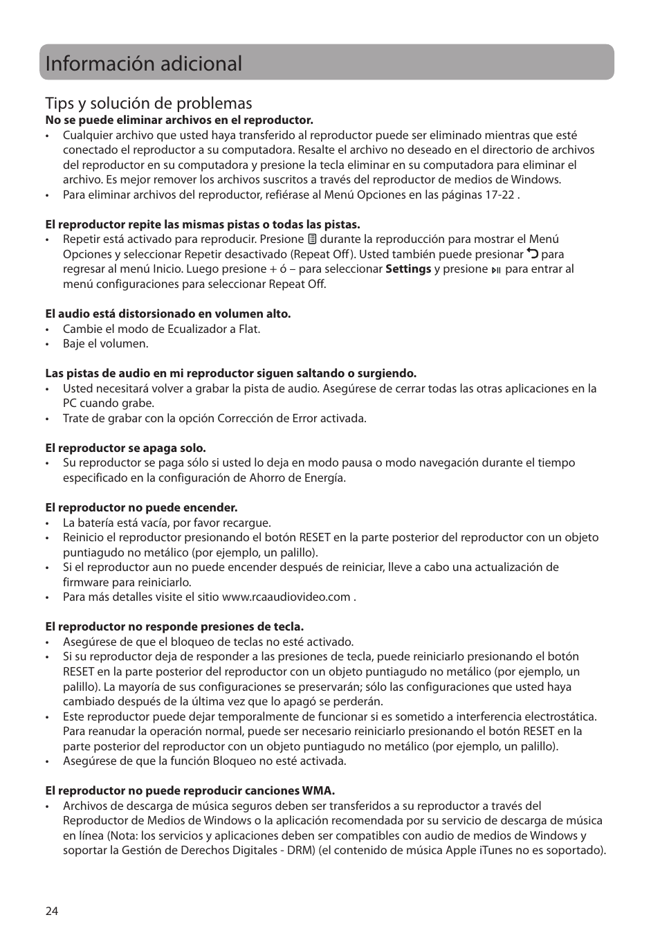 Información adicional, Tips y solución de problemas | RCA M2204BL User Manual | Page 53 / 87