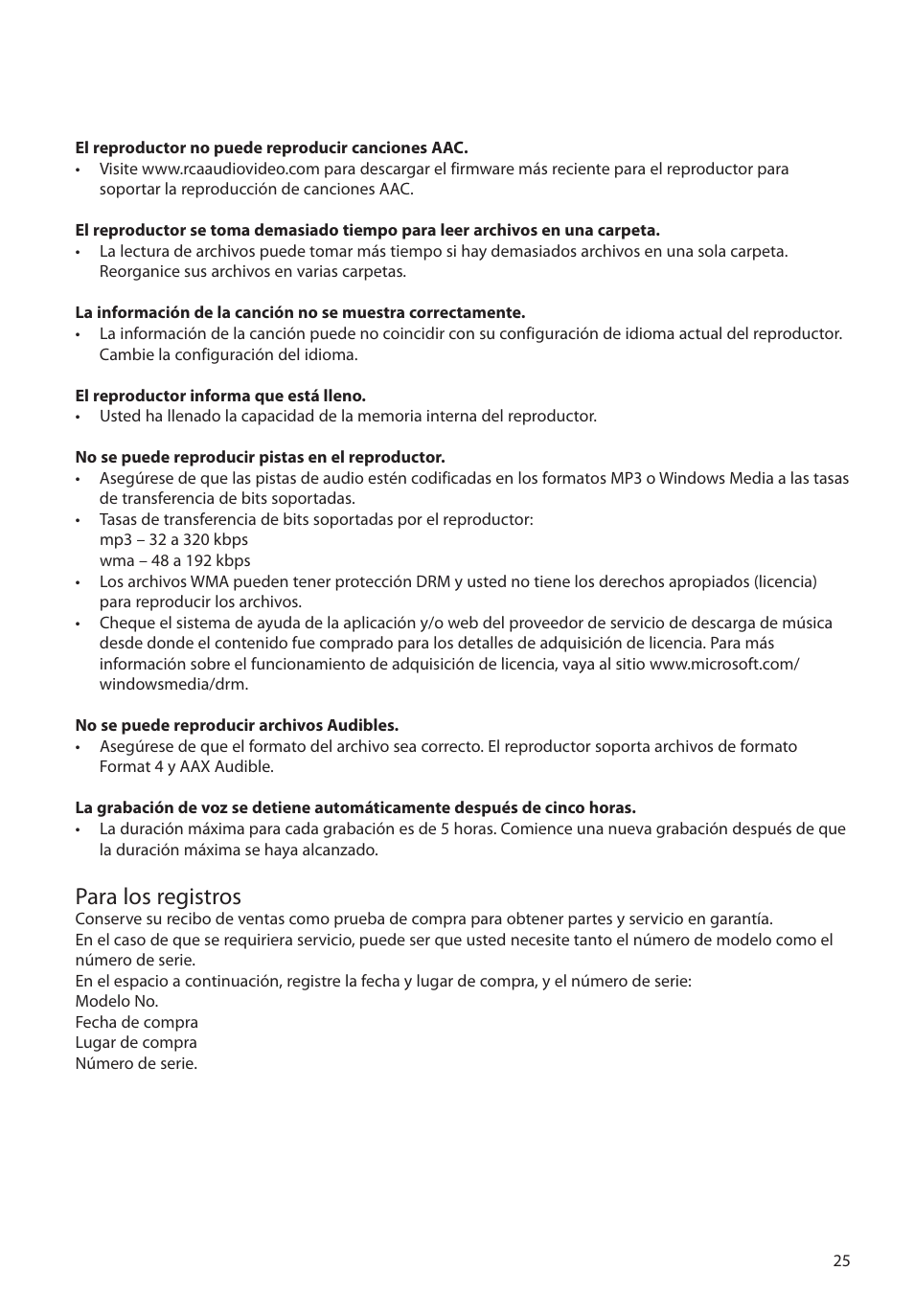 Para los registros | RCA M2204BL User Manual | Page 54 / 87