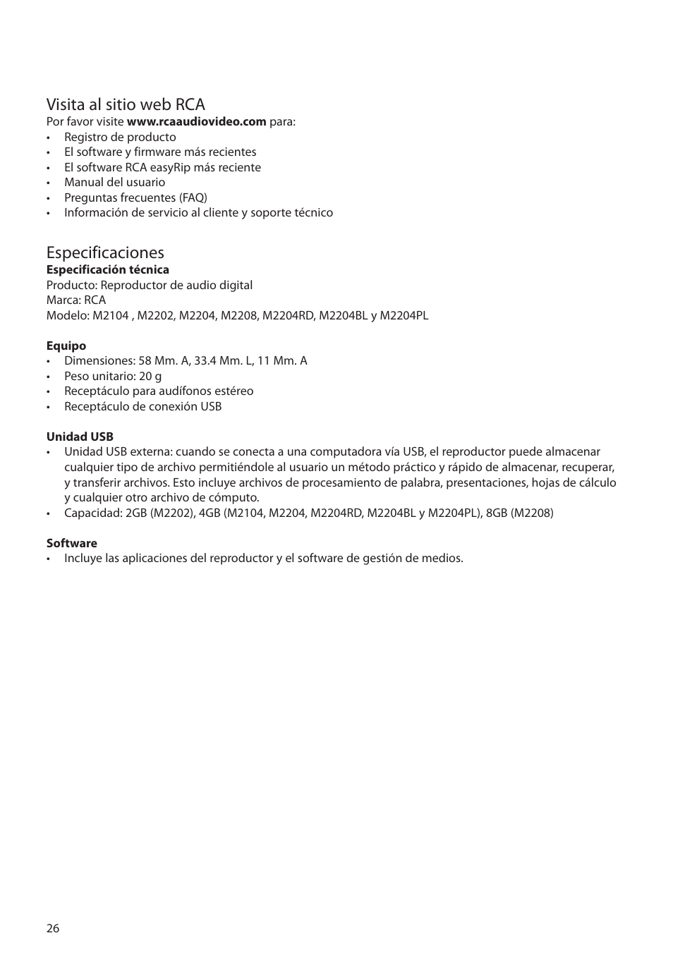 Visita al sitio web rca, Especificaciones | RCA M2204BL User Manual | Page 55 / 87