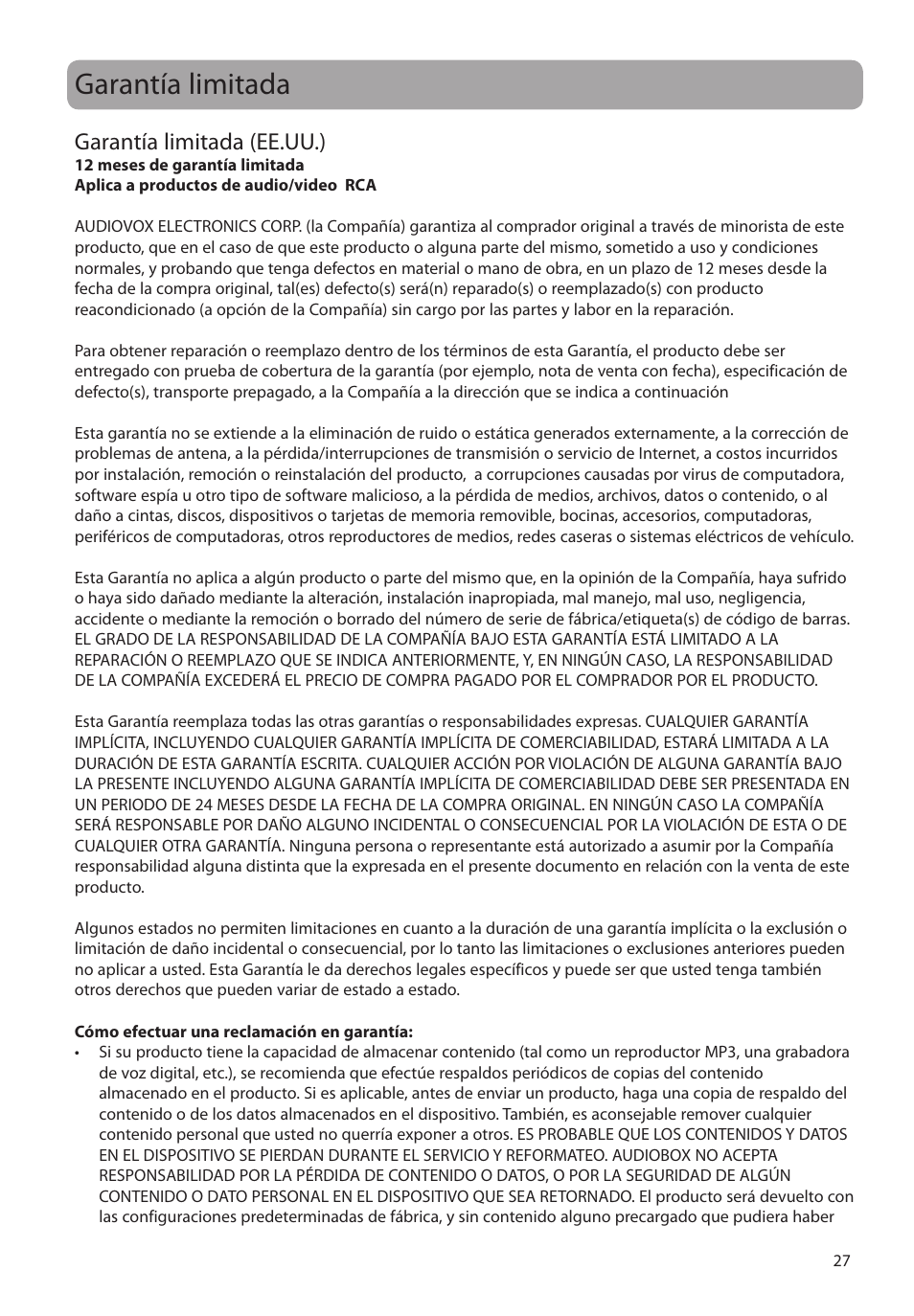 Garantía limitada, Garantía limitada (ee.uu.) | RCA M2204BL User Manual | Page 56 / 87